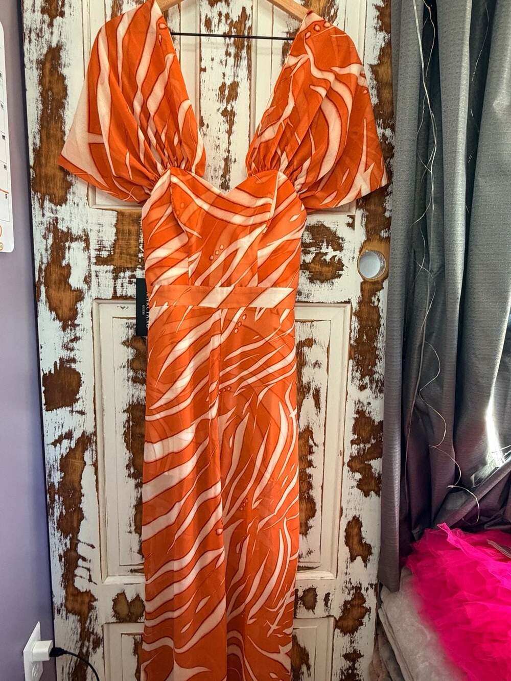 Marciano Puff Sleeve Jumpsuit Size 0 Orange White Animal Print Resort